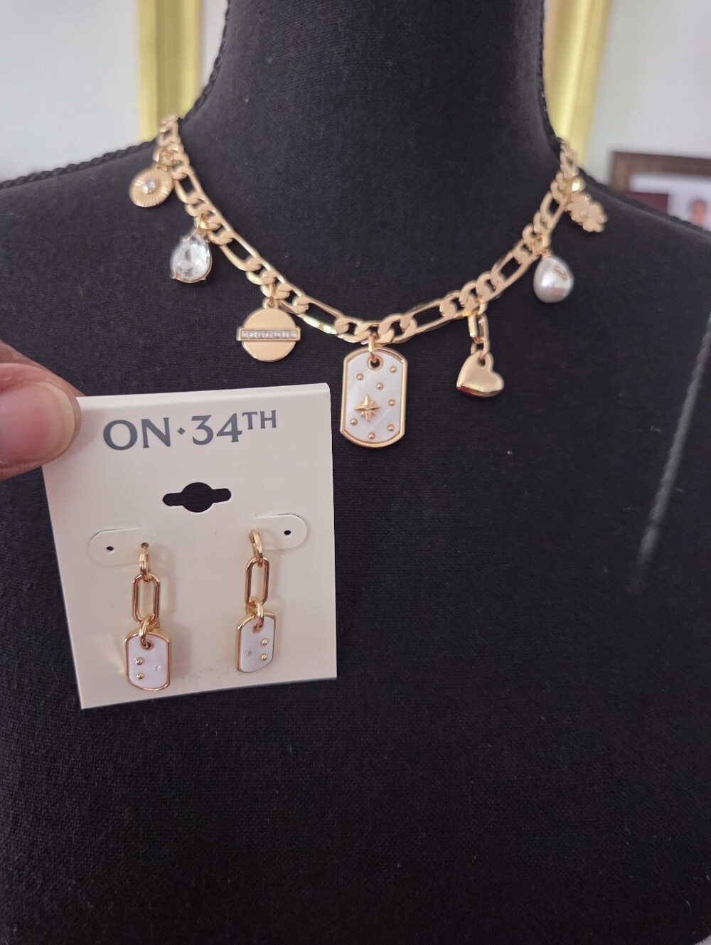 ON·34TH Gold-Tone White Enamel Charm Necklace with Matching Drop Earrings